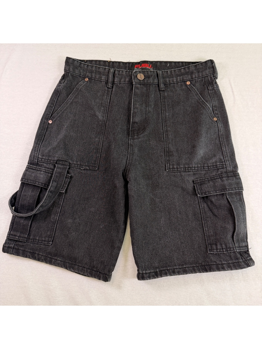 Vintage FUBU Washed Black Denim Cargo Shorts Baggy Jorts 34